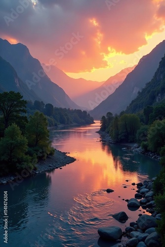 Peaceful dawn on the Kurchum River with surrounding mountains, river, water photo