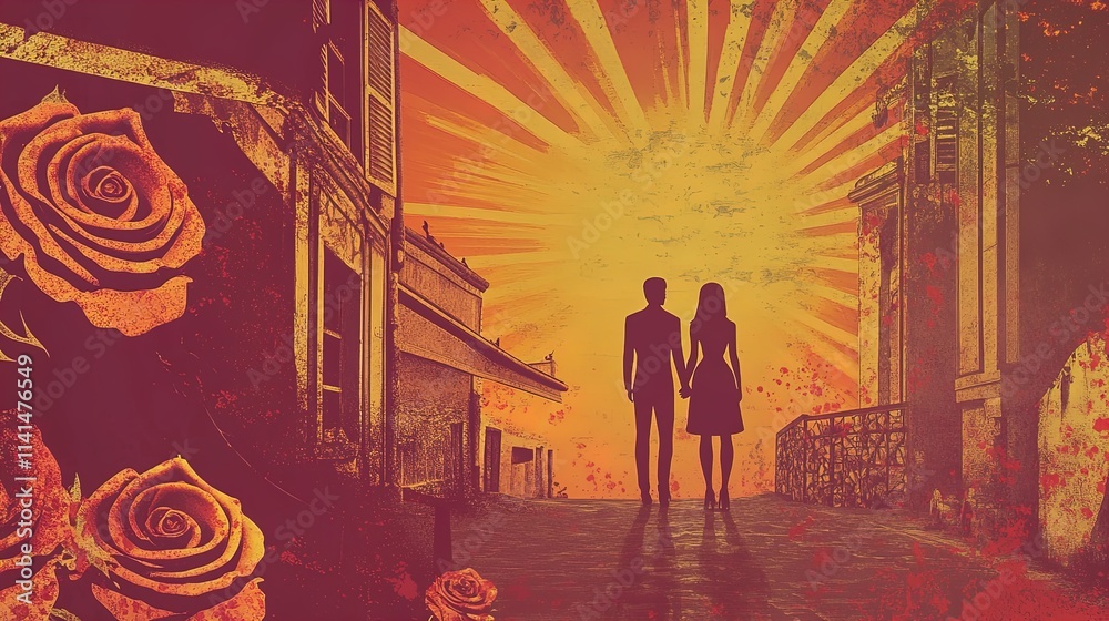 Naklejka premium romantic balcony moments: couple holding hands at sunset in paris surrounded by roses - perfect for a heartwarming poster in your home or cafe decor!