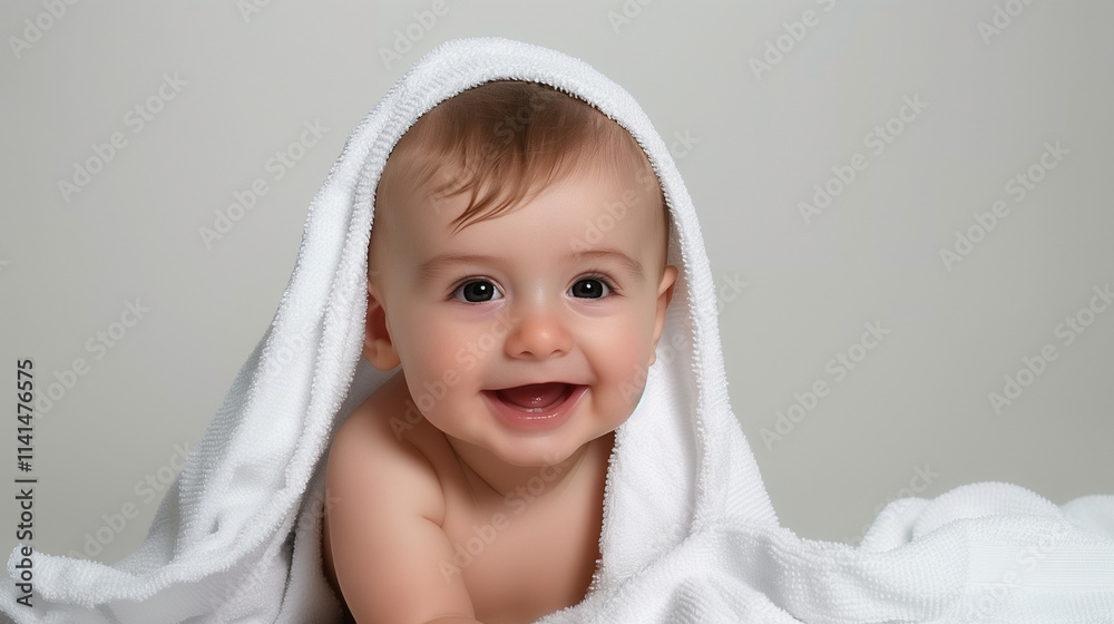 Content Infant Smiling in White Towel, Pure Joy Captured in Simplicity Content Infant Smiling in White Towel, Pure Joy Captured in Simplicity