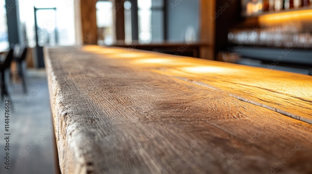 Wooden bar counter stands empty under dim, warm lights, creating a cozy atmosphere for socializing during the evening hours Wooden bar counter stands empty under dim, warm lights, creating a cozy atmosphere for socializing during the evening hours