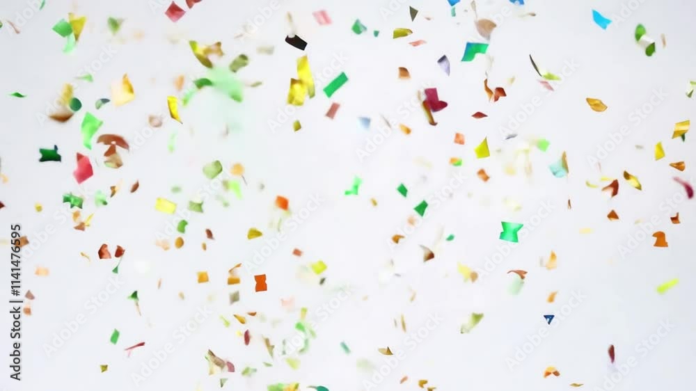 Falling light confetti animation video with a festive and joyful vibe on a clean white background, ideal for event visuals, parties, and celebrations.