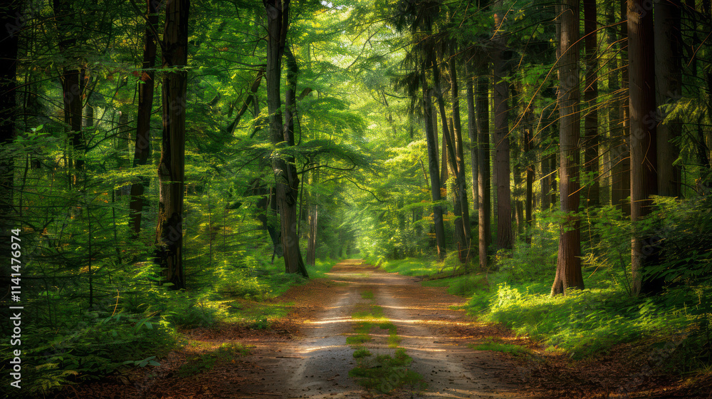 Fototapeta premium A serene forest path surrounded by lush greenery and tall trees invites exploration