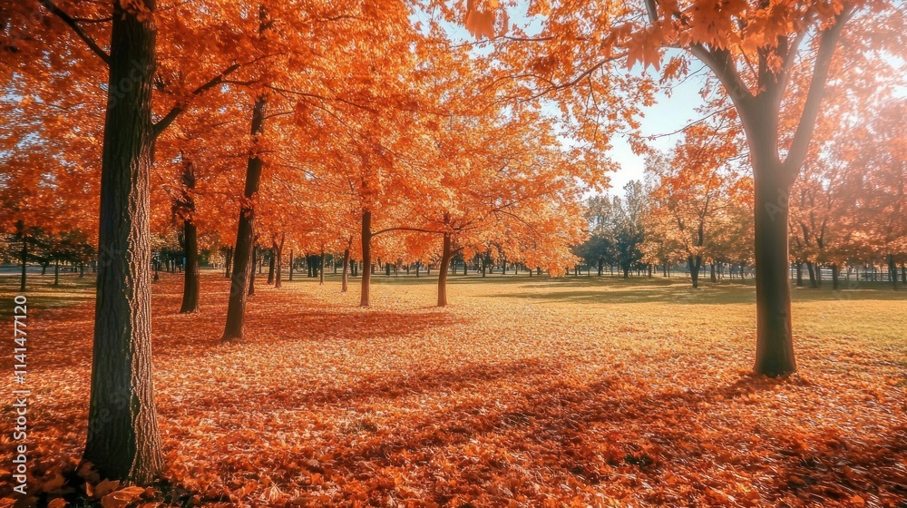 A serene autumn landscape with vibrant orange leaves covering the ground. A serene autumn landscape with vibrant orange leaves covering the ground.