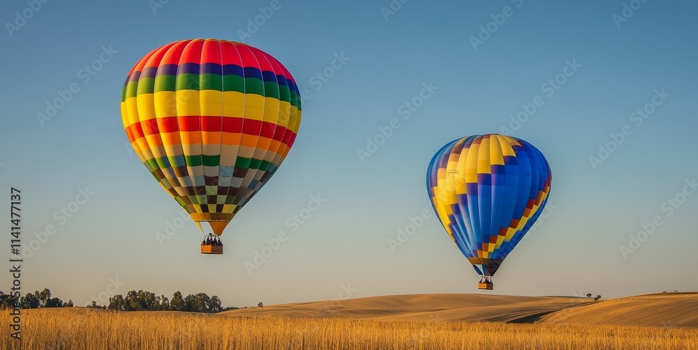 Fototapeta premium Two colorful hot air balloons soaring over a golden field at sunset.