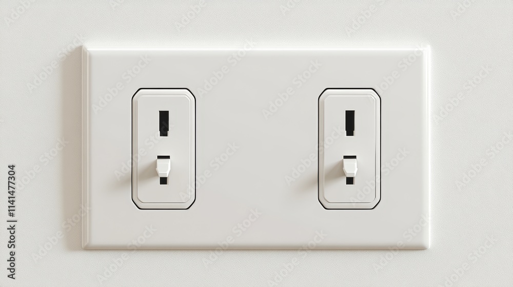 White wall mounted socket board with two electrical sockets and a switch. The socket board is isolated on a white background White wall mounted socket board with two electrical sockets and a switch. The socket board is isolated on a white background