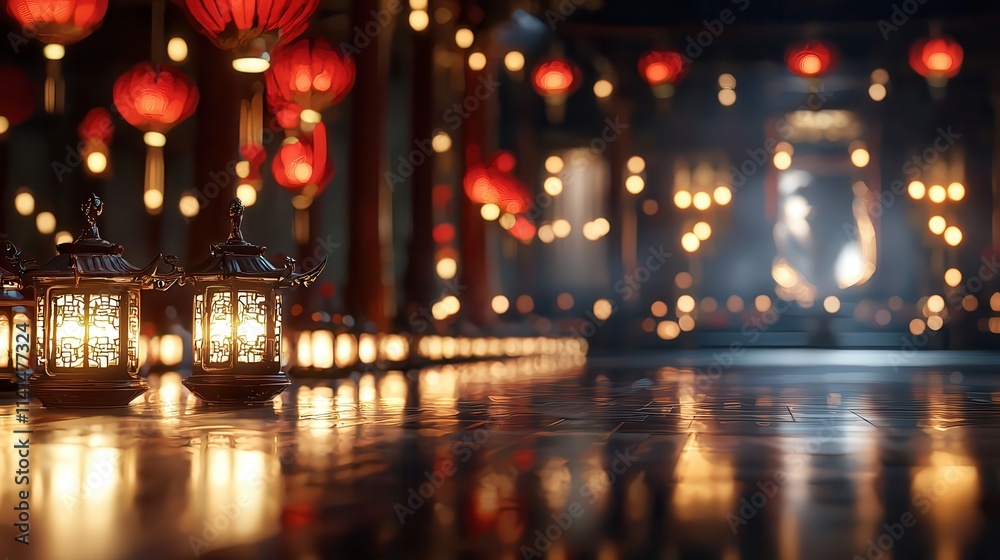 A stunning night scene featuring hundreds of red Chinese lanterns hanging in perfect alignment, casting a soft, warm glow against an ornate traditional background, A stunning night scene featuring hundreds of red Chinese lanterns hanging in perfect alignment, casting a soft, warm glow against an ornate traditional background,