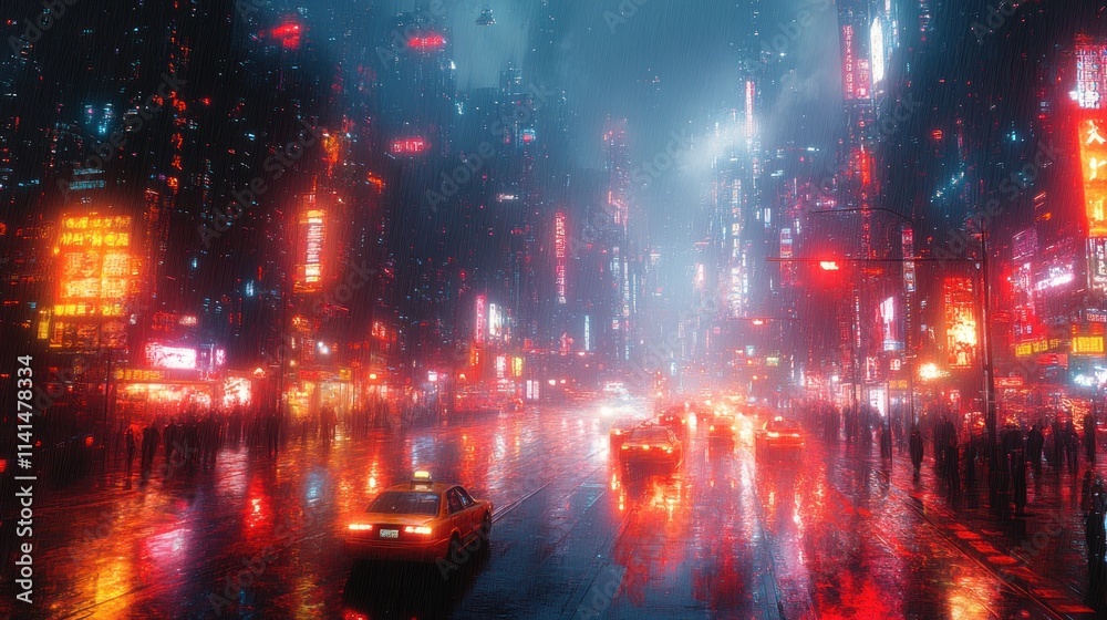 Fototapeta premium Rainy futuristic city street, neon lights, traffic.