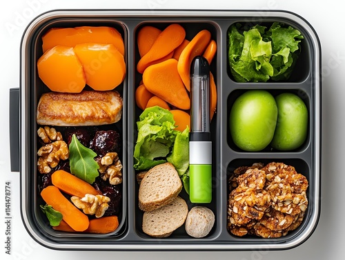 A diabeticfriendly lunchbox packed with healthy snacks and a small insulin pen photo