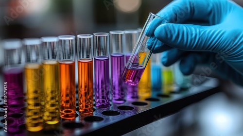 Scientist's gloved hand holding a test tube with colorful liquid in a laboratory setting, symbolizing science, research, and innovation in chemistry or medicine.