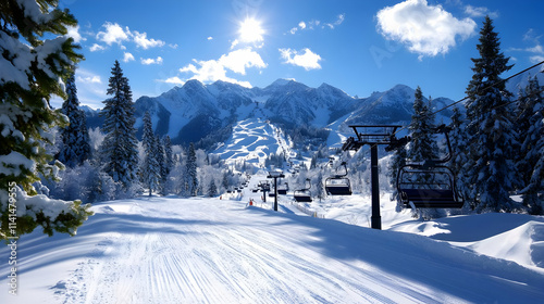 Snowy mountains with ski slopes, chairlifts, and evergreen trees capture the serene beauty of winter sports