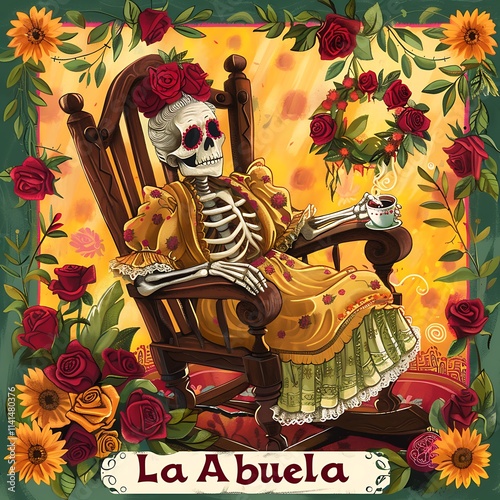 Celebrating dia de los muertos with la abuela skeleton in vibrant floral setting artistic illustration cultural tribute photo