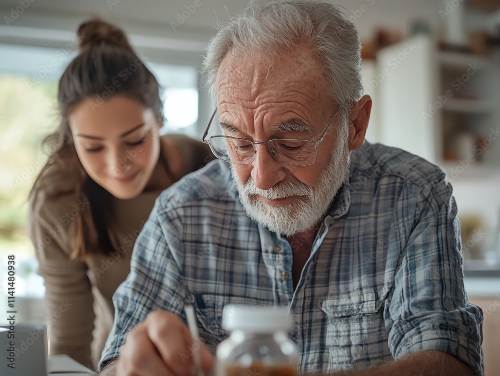 An elderly man injecting insulin with a supportive family member nearby An elderly man injecting insulin with a supportive family member nearby