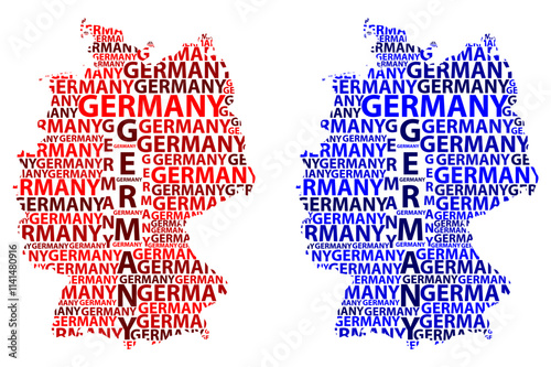 Sketch Germany letter text map, Federal Republic of Germany - in the shape of the continent, Map Germany - red and blue vector illustration