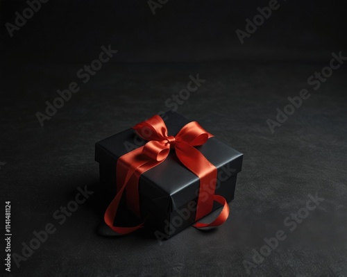 black gift box with red ribbon on black background..Generative with AI