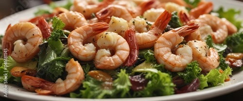 Shrimp tossed in a rich tucupi sauce served on a bed of mixed greens, tropical flavors, creamy sauce, seafood salad photo