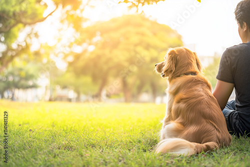 穏やかな公園で過ごす犬と飼い主、温かい夕暮れの風景