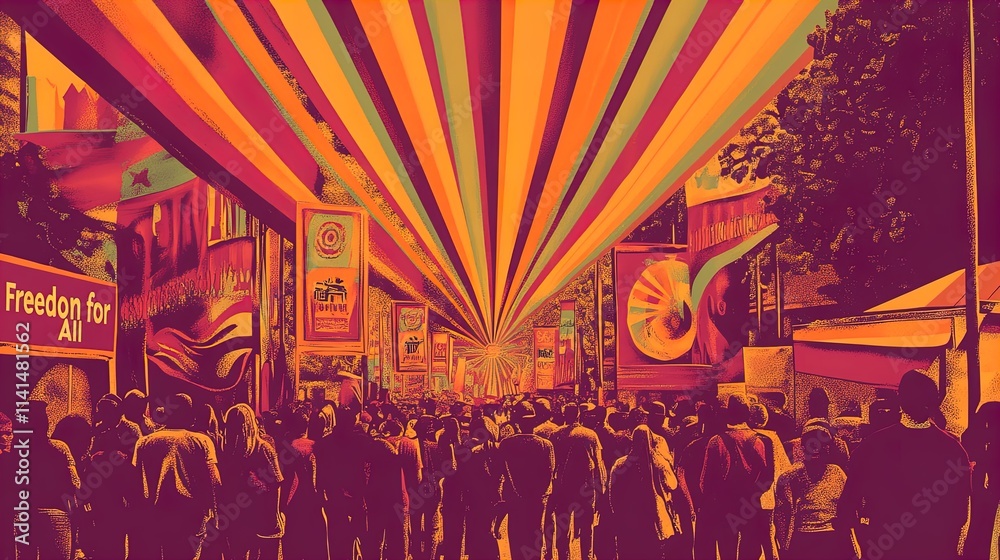Obraz premium capturing the spirit of unity: a vibrant street festival with 'freedom for all' banners - perfect for inspiring sports interior decor or event promotion!