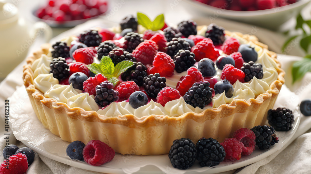 Delicious berry tart with fresh raspberries, blueberries, and blackberries Delicious berry tart with fresh raspberries, blueberries, and blackberries