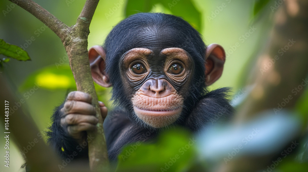 Young chimpanzee observes surroundings from tree branch in lush jungle environment during daylight hours Young chimpanzee observes surroundings from tree branch in lush jungle environment during daylight hours