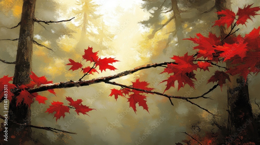 Vibrant Red Maple Leaves Against a Misty Forest Background in Autumn Vibrant Red Maple Leaves Against a Misty Forest Background in Autumn