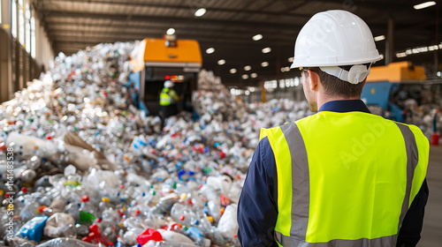 An engineer in safety clothes with vest and helmet observing blocks of plastic waste in a recycling facility
 photo