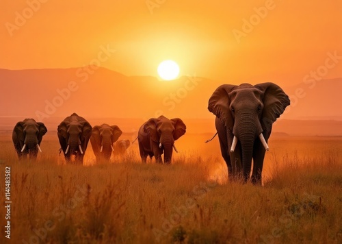 A vibrant savanna scene with a herd of elephants walking through the tall grass, the largest elephant positioned on the lower-right third under the glowing sunset photo