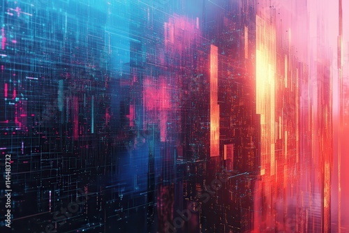 Abstract Digital Cityscape Neon Lights Glowing