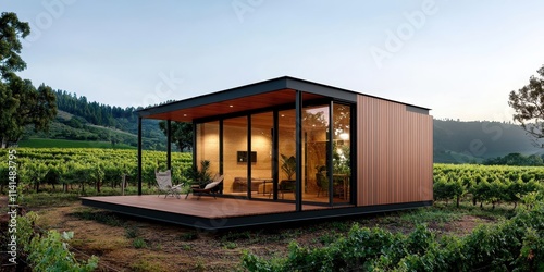 Charming prefabricated guesthouse nestled in a picturesque vineyard, blending modern design with natural beauty.