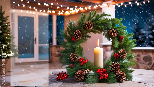 An Advent wreath with the second candle lit, surrounded by festive Christmas decorations outdoors on a cozy patio. Set against a bluish night light with snowy bokeh, it creates a serene and magical ho photo