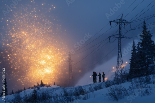 Workers carry out essential electrical repairs amid dramatic sparks at dusk. Generative AI