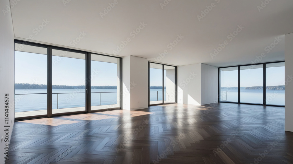 White empty room with parquet in modern apartment. Large windows overlooking the lake and no one inside White empty room with parquet in modern apartment. Large windows overlooking the lake and no one inside