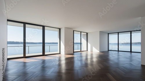 Wallpaper Mural White empty room with parquet in modern apartment. Large windows overlooking the lake and no one inside Torontodigital.ca
