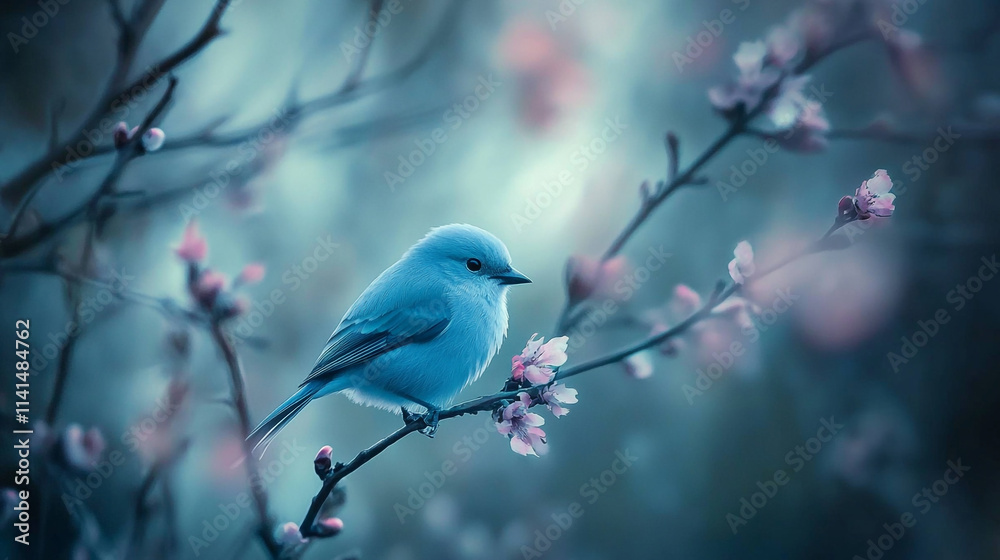 Fototapeta premium Blue bird perched on a blooming branch in a serene spring setting during early morning light