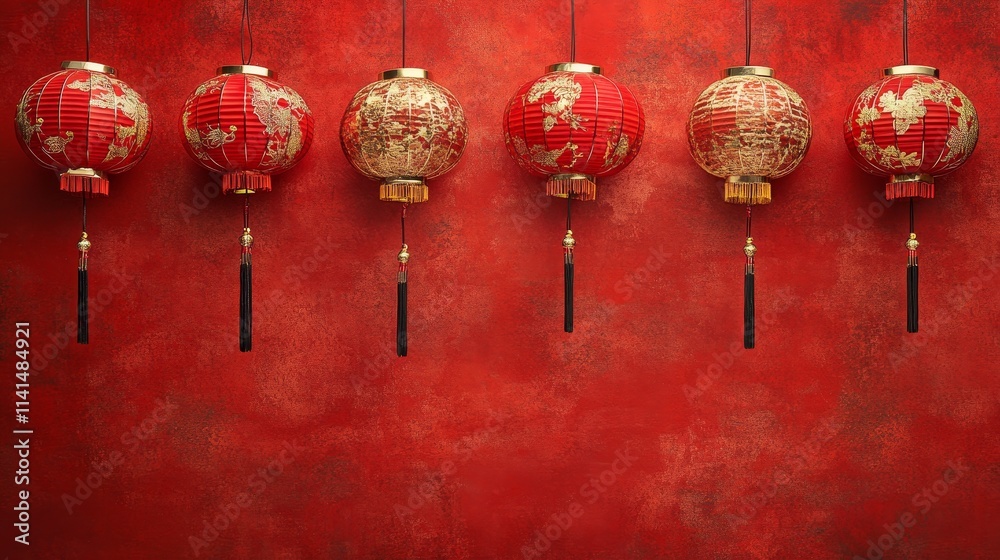 A row of decorative red lanterns hanging against a textured red background. A row of decorative red lanterns hanging against a textured red background.