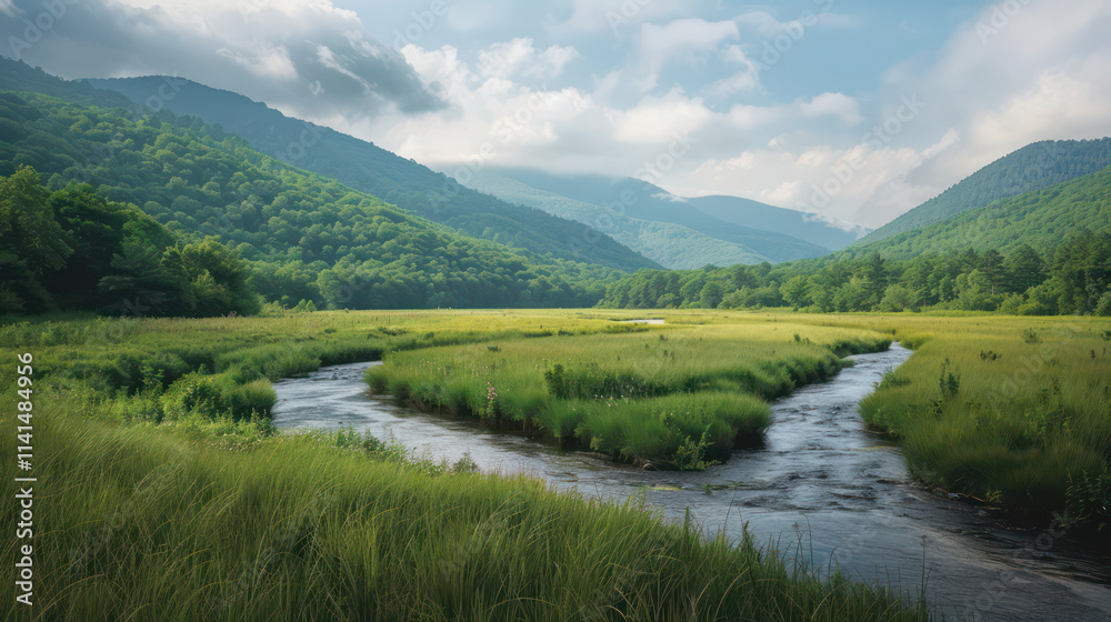 A serene landscape featuring winding river surrounded by lush green hills and vibrant vegetation