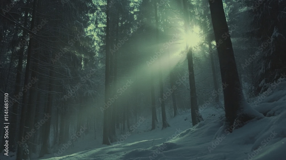 Obraz premium Serene Winter Forest with Sunlight Glowing Through Foggy Trees