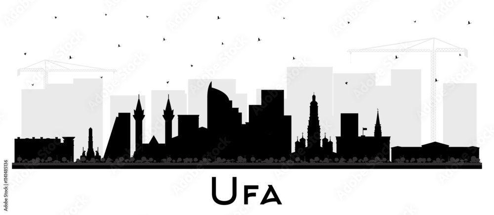 Obraz premium Ufa Russia city skyline silhouette with black buildings isolated on white. Ufa cityscape with landmarks. Business travel and tourism concept with modern and historic architecture.
