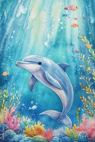 A playful dolphin swims gracefully among colorful corals and fish in a vibrant underwater scene at midday. Generative AI