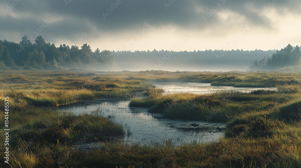 Morning mist blankets a serene wetland in a tranquil landscape of lush grasses and gentle water streams Morning mist blankets a serene wetland in a tranquil landscape of lush grasses and gentle water streams