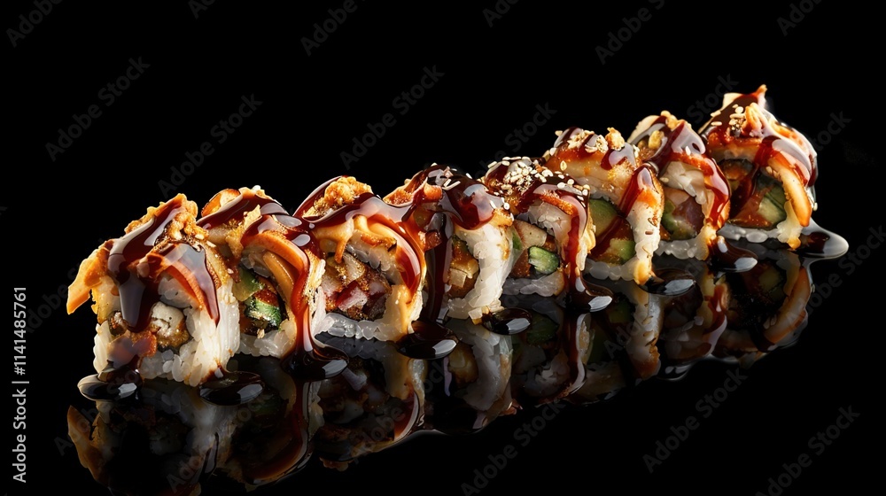 Colorful Sushi Rolls filled with fresh fish, crisp vegetables and sticky rice. Tasty Japanese cuisine delicacy presented attractively on a plate for a delightful dining experience. Colorful Sushi Rolls filled with fresh fish, crisp vegetables and sticky rice. Tasty Japanese cuisine delicacy presented attractively on a plate for a delightful dining experience.