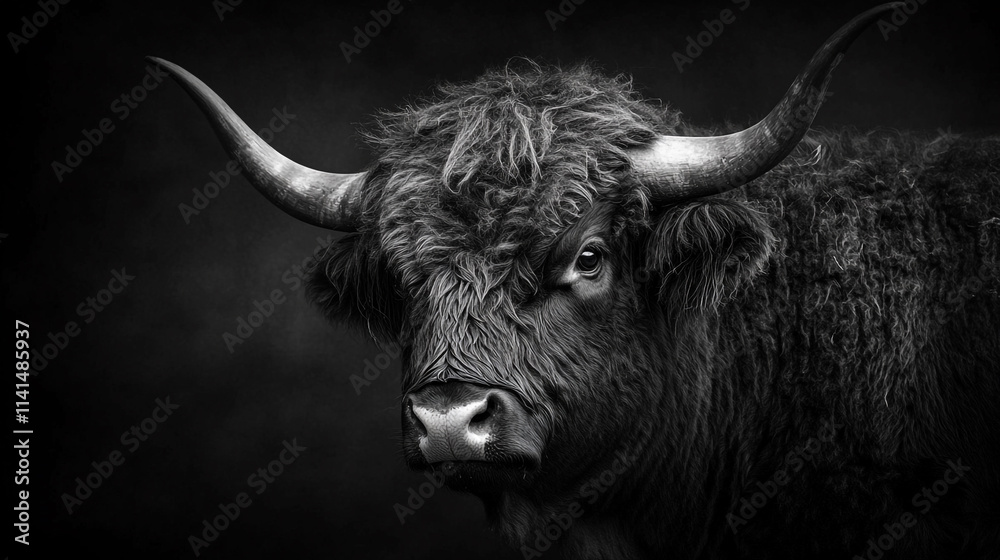 Majestic highland bull with striking horns and thick fur in black and white setting Majestic highland bull with striking horns and thick fur in black and white setting