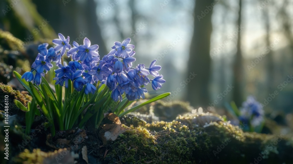Obraz premium Blooming Blue Flowers Among Green Moss in Soft Morning Light