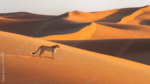 Cheetah walking gracefully through golden sand dunes at sunset in a vast desert landscape photo