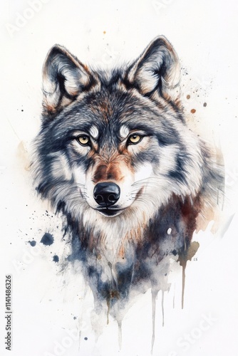 A stunning portrait of a classic wolf showcasing its striking gaze amidst an artistic watercolor background in natural hues. Generative AI photo