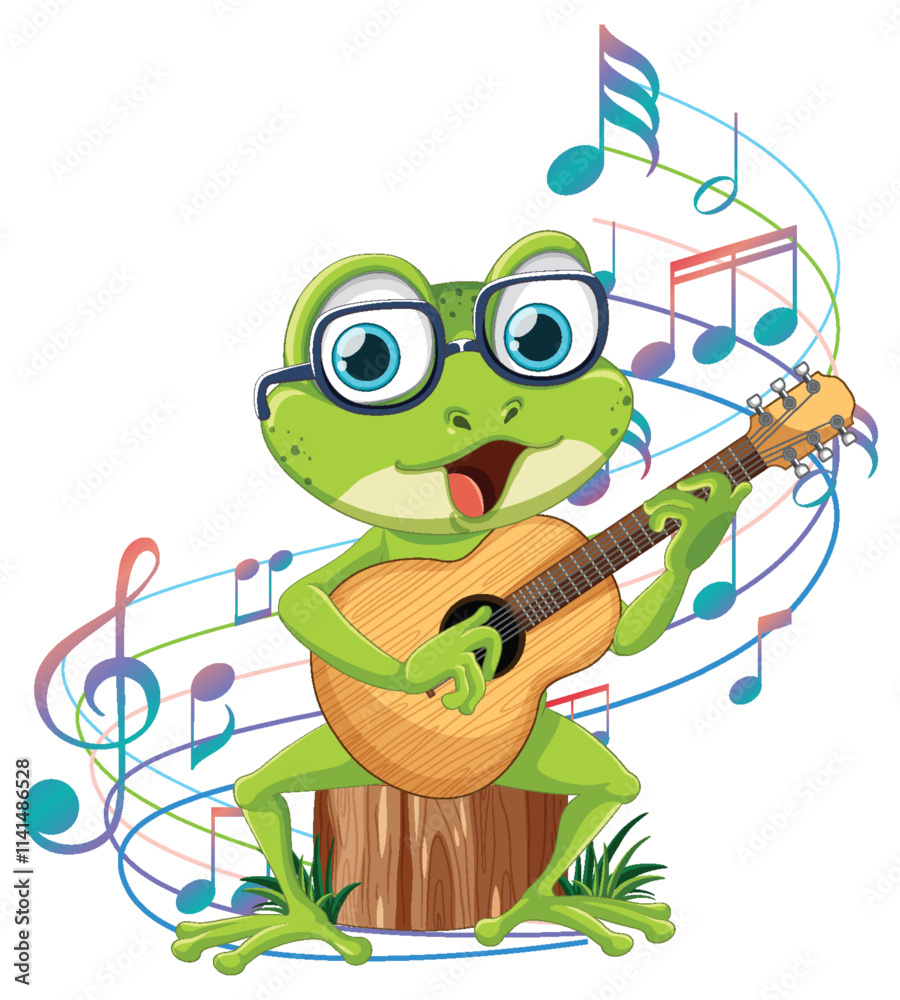 Obraz premium Frog Playing Guitar with Musical Notes