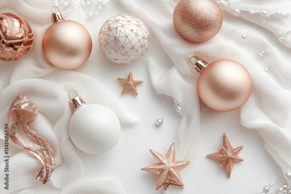 Rose gold and white Christmas baubles on white silk. Perfect for holiday greeting cards, blogs, or festive social media. Rose gold and white Christmas baubles on white silk. Perfect for holiday greeting cards, blogs, or festive social media.