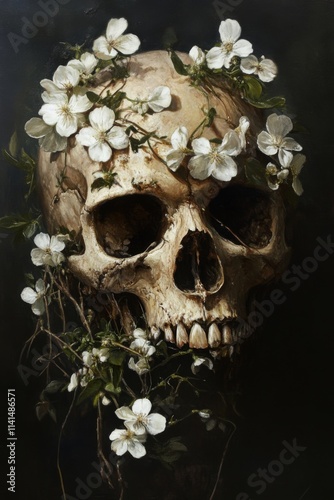 An intricately decorated skull surrounded by delicate white flowers in a dark fantasy setting evoking a sense of mystery and nature. Generative AI