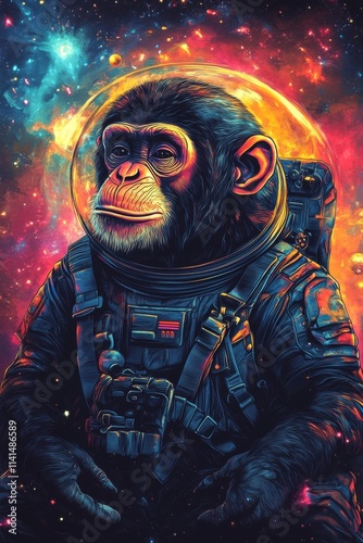 An astronaut chimpanzee gazes at cosmic wonders amidst vibrant galaxies and colorful nebulas in deep space exploration. Generative AI photo