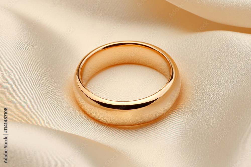 Elegant gold wedding ring on silk fabric close-up image luxurious setting romantic concept Elegant gold wedding ring on silk fabric close-up image luxurious setting romantic concept