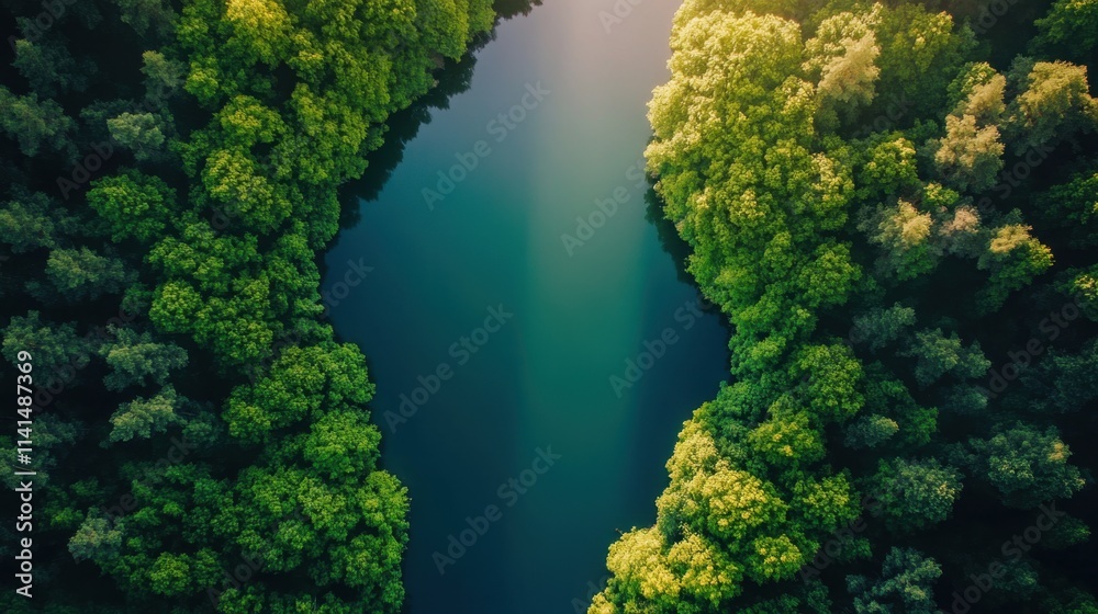 Aerial View of Lush Green Forest Surrounding Calm Serene Water Body